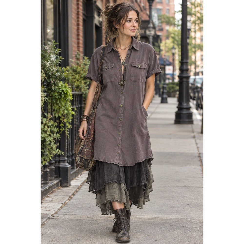 Wearables Women Brown Rayon Lyocell Button Down Shirt Dress Tunic S 3505W
